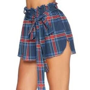 BlackMilk Plaid Paperbag Waist Shorts Blue Red Green Womens L